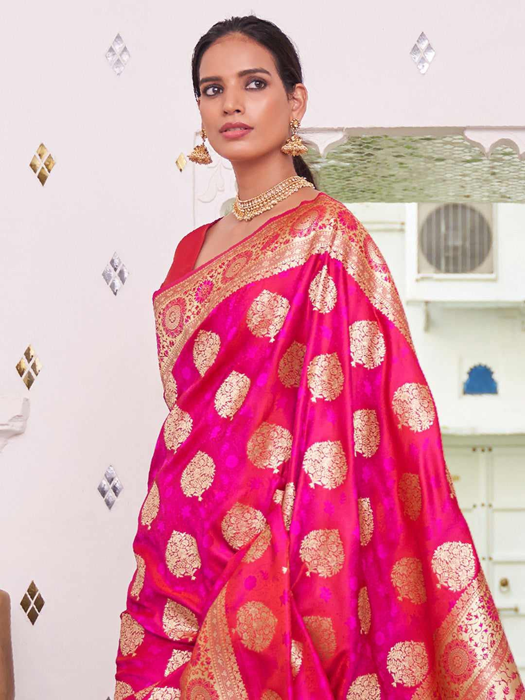 Women's Satin Silk Pink Woven Design Designer Saree With Blouse Piece
