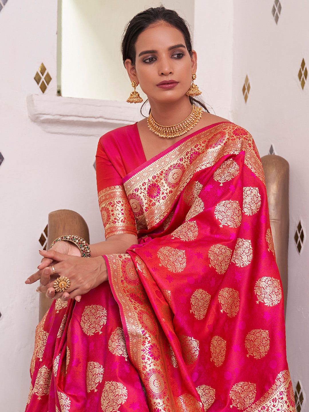 Women's Satin Silk Pink Woven Design Designer Saree With Blouse Piece