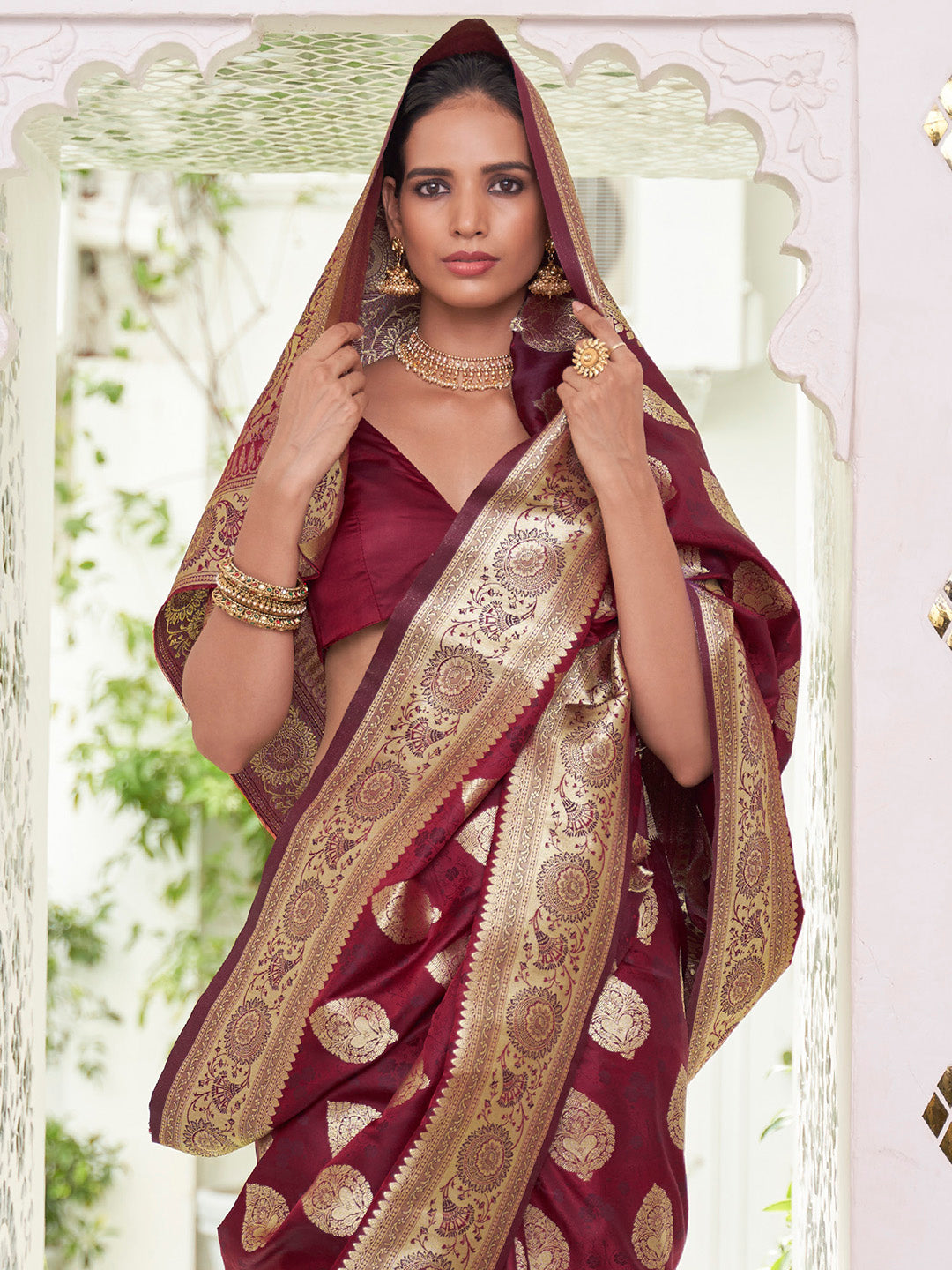 Women's Satin Silk Maroon Woven Design Designer Saree With Blouse Piece