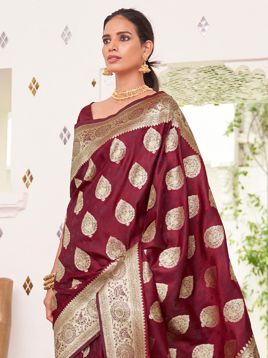 Women's Satin Silk Maroon Woven Design Designer Saree With Blouse Piece