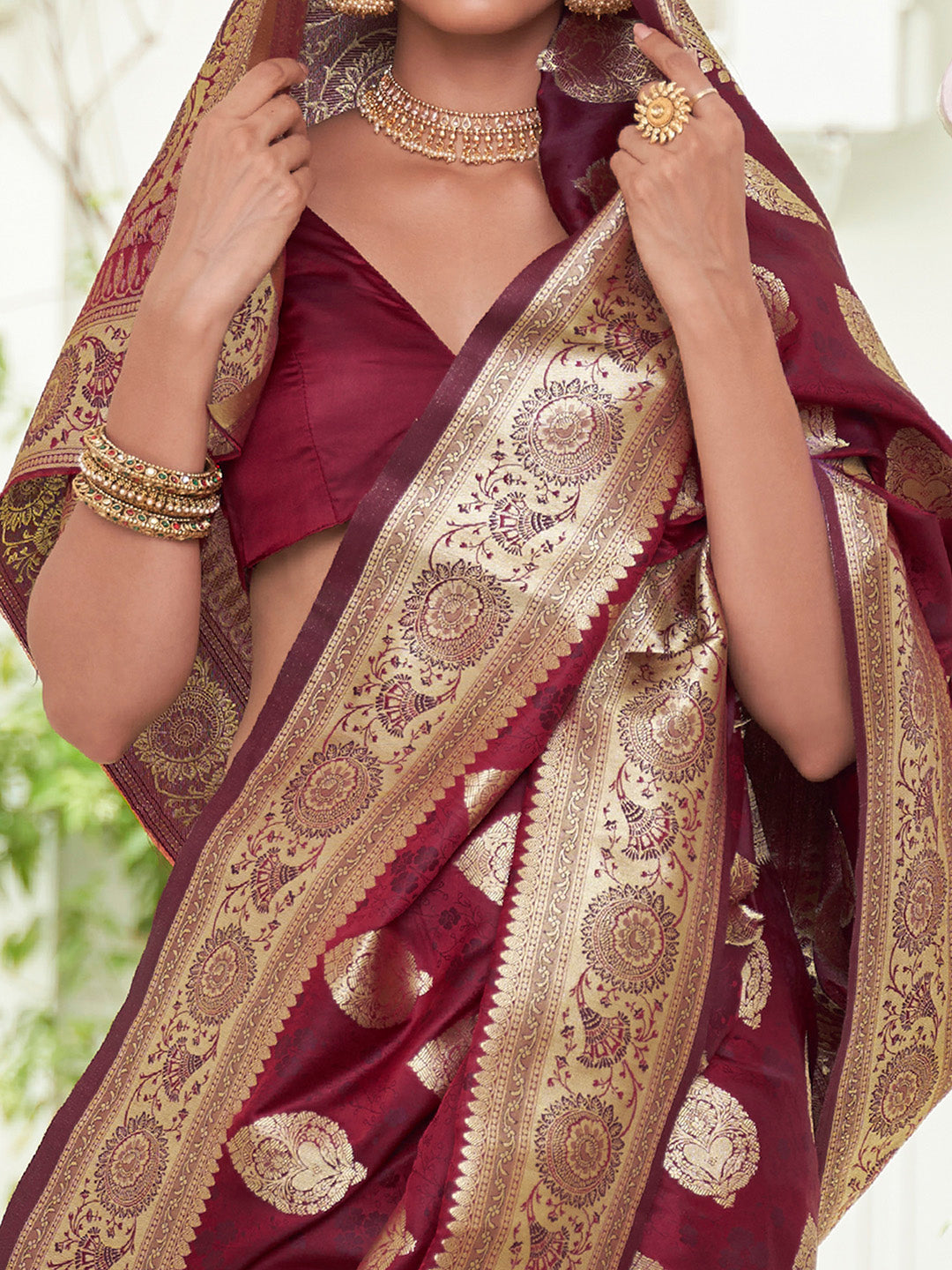 Women's Satin Silk Maroon Woven Design Designer Saree With Blouse Piece