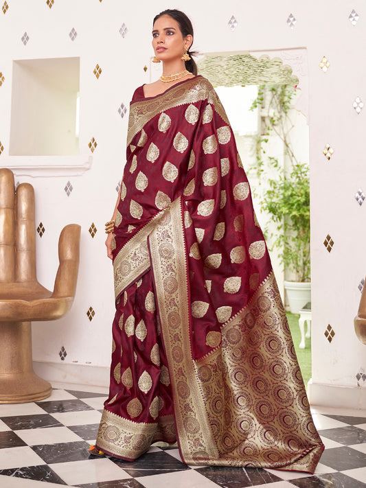 Women's Satin Silk Maroon Woven Design Designer Saree With Blouse Piece