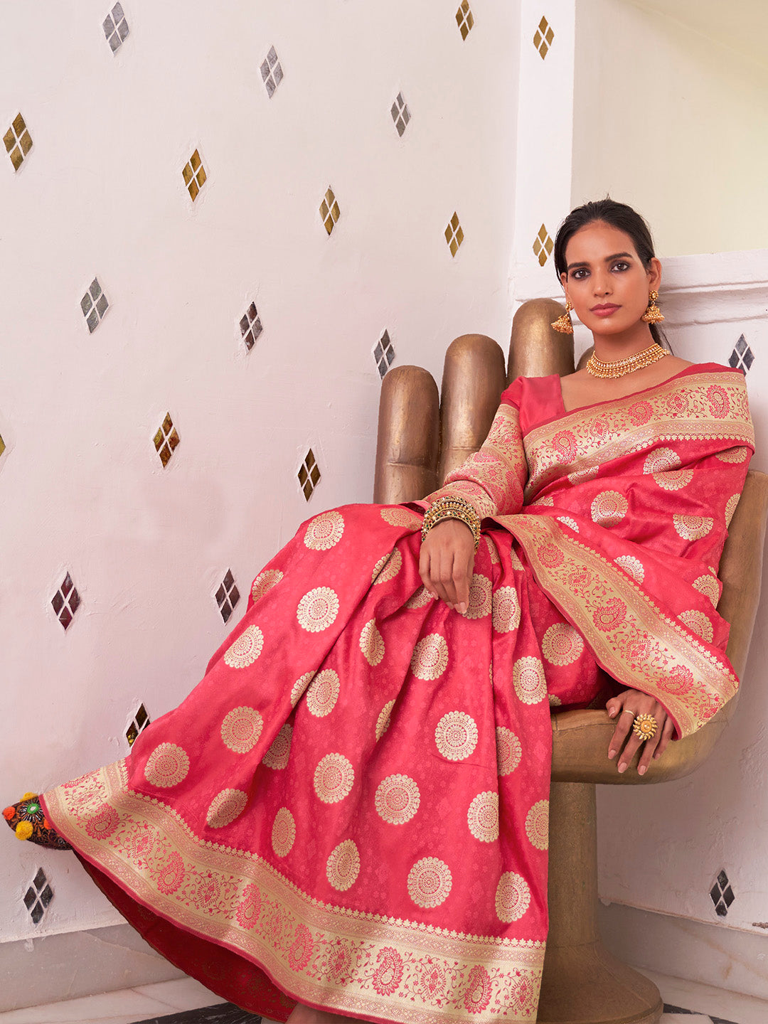 Women's Satin Silk Pink Woven Design Designer Saree With Blouse Piece