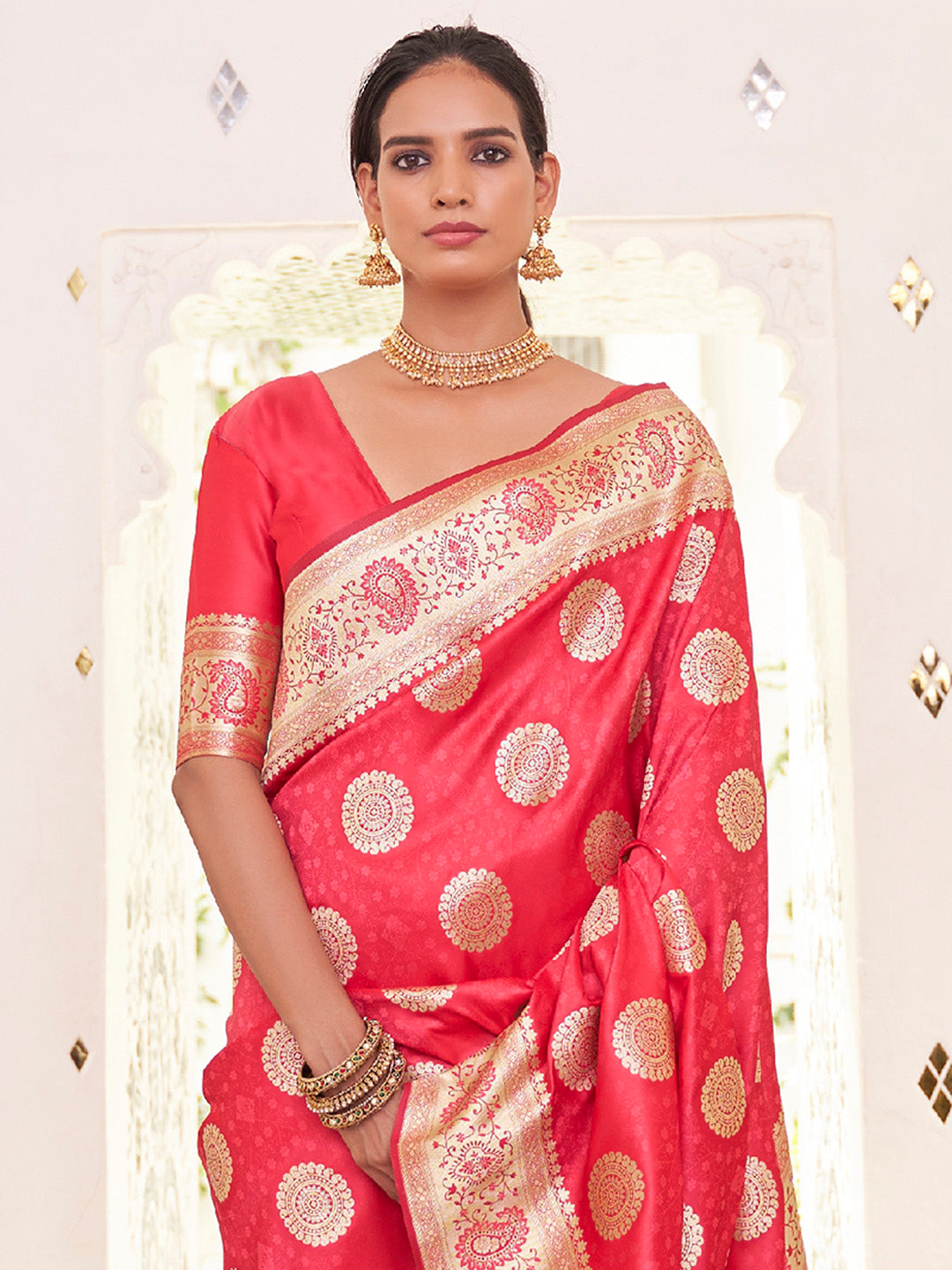 Women's Satin Silk Pink Woven Design Designer Saree With Blouse Piece