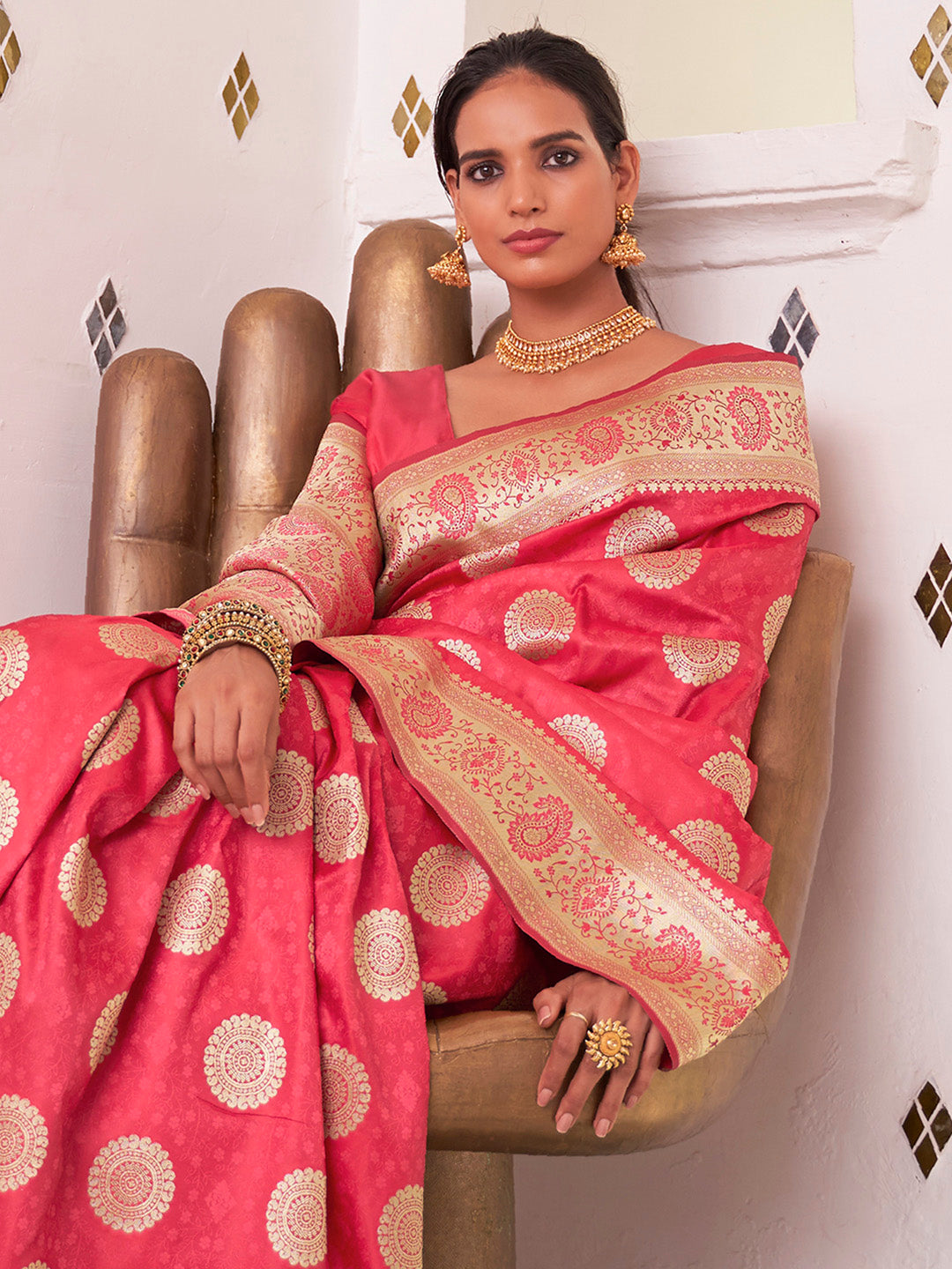 Women's Satin Silk Pink Woven Design Designer Saree With Blouse Piece