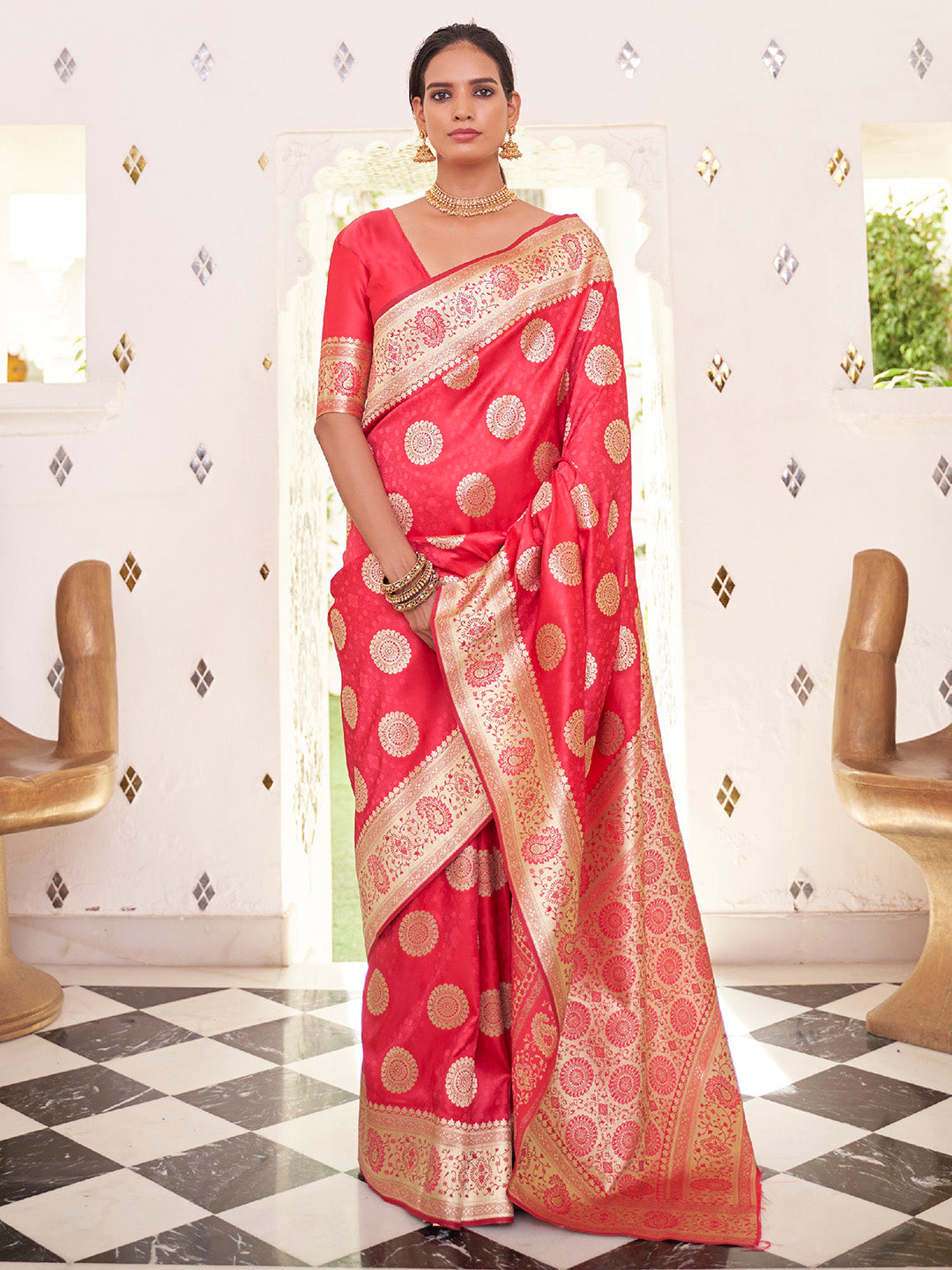 Women's Satin Silk Pink Woven Design Designer Saree With Blouse Piece