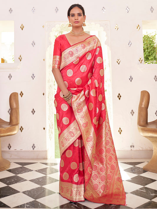 Women's Satin Silk Pink Woven Design Designer Saree With Blouse Piece
