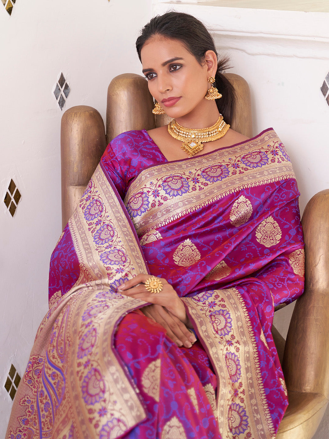 Women's Satin Silk Magenta Woven Design Designer Saree With Blouse Piece