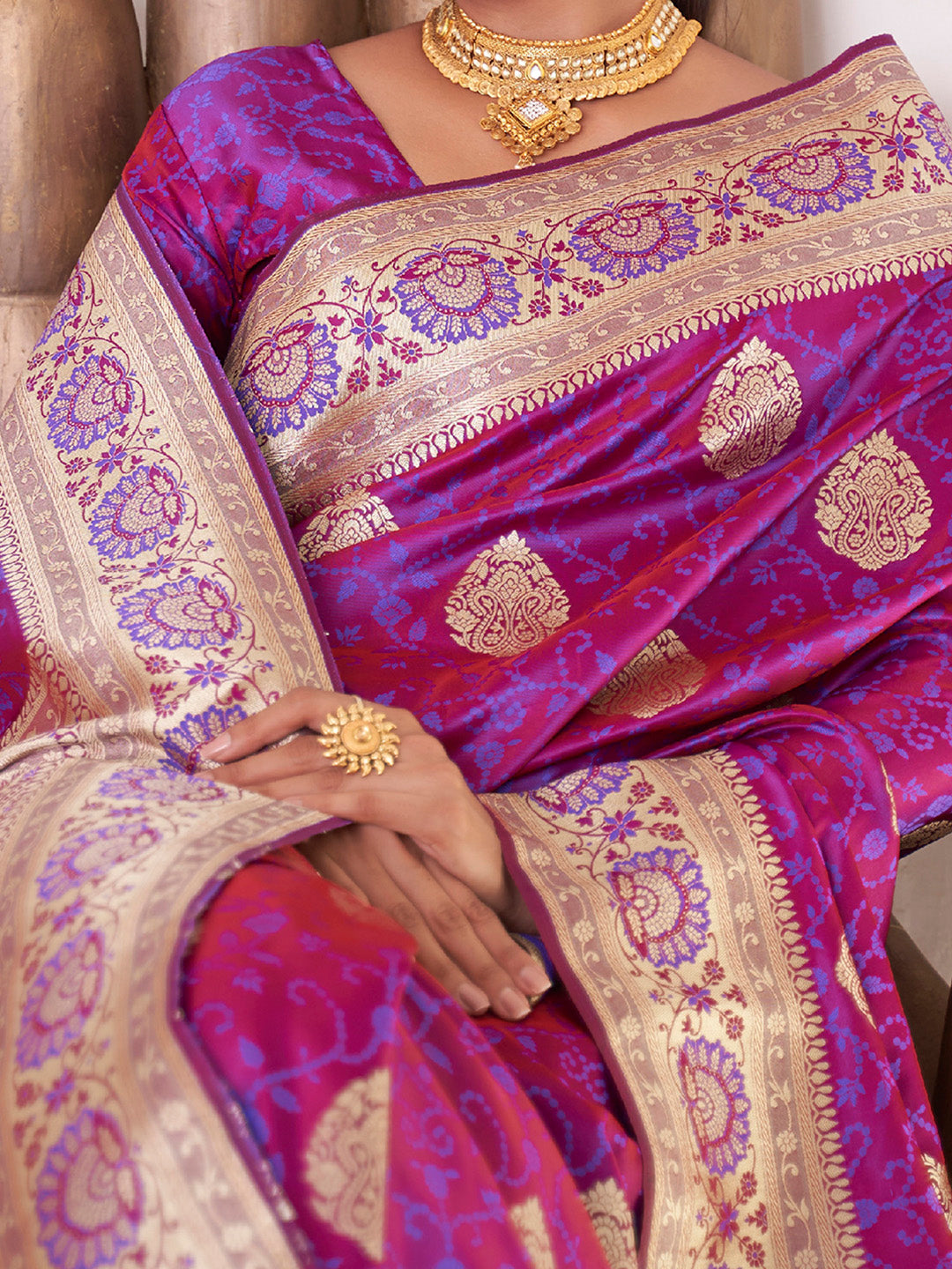 Women's Satin Silk Magenta Woven Design Designer Saree With Blouse Piece