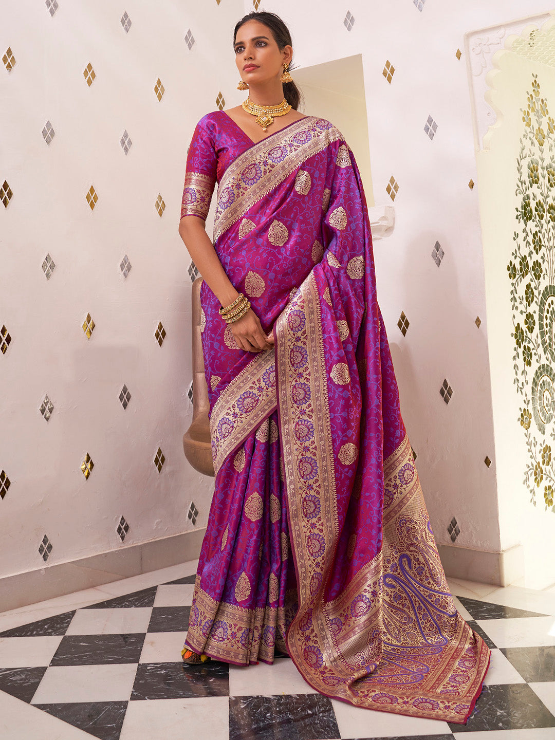 Women's Satin Silk Magenta Woven Design Designer Saree With Blouse Piece