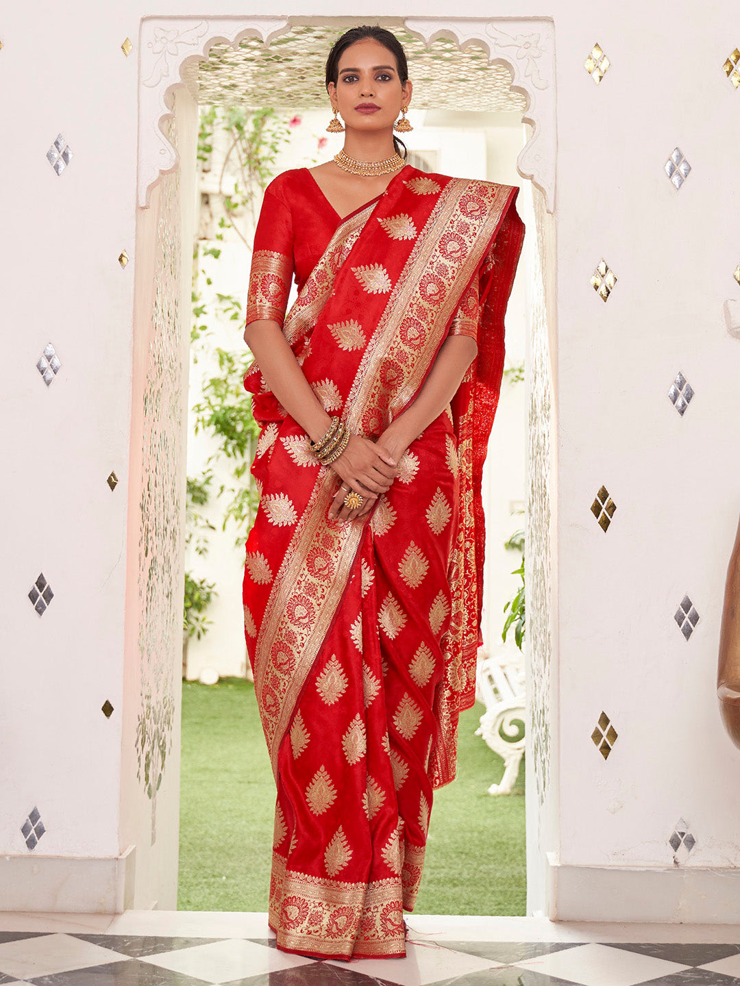 Women's Satin Silk Red Woven Design Designer Saree With Blouse Piece