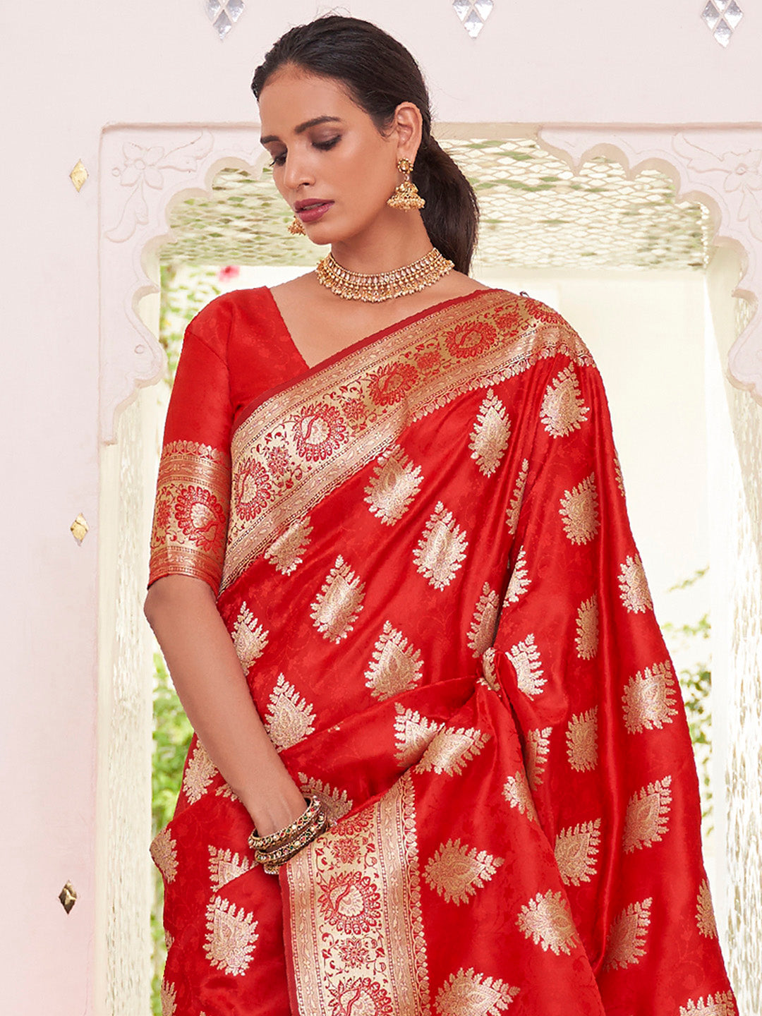 Women's Satin Silk Red Woven Design Designer Saree With Blouse Piece