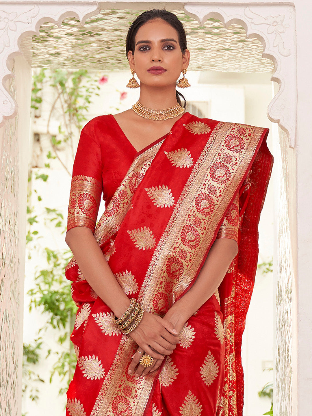 Women's Satin Silk Red Woven Design Designer Saree With Blouse Piece