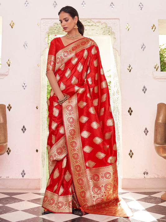 Women's Satin Silk Red Woven Design Designer Saree With Blouse Piece