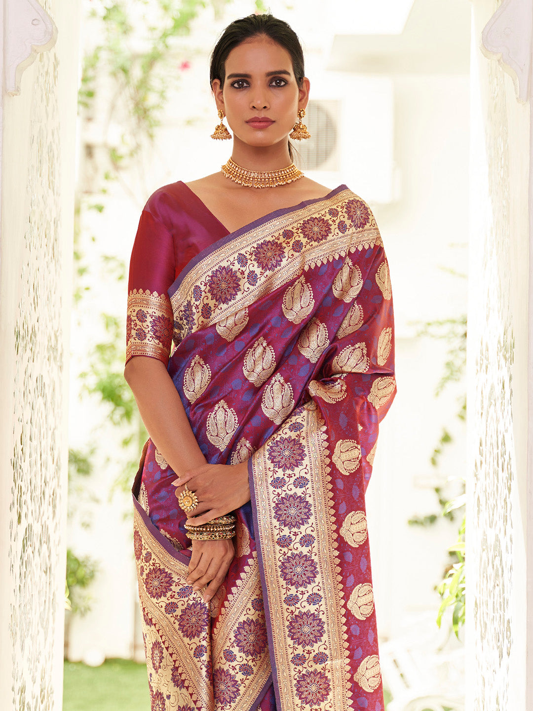 Women's Satin Silk Magenta Woven Design Designer Saree With Blouse Piece
