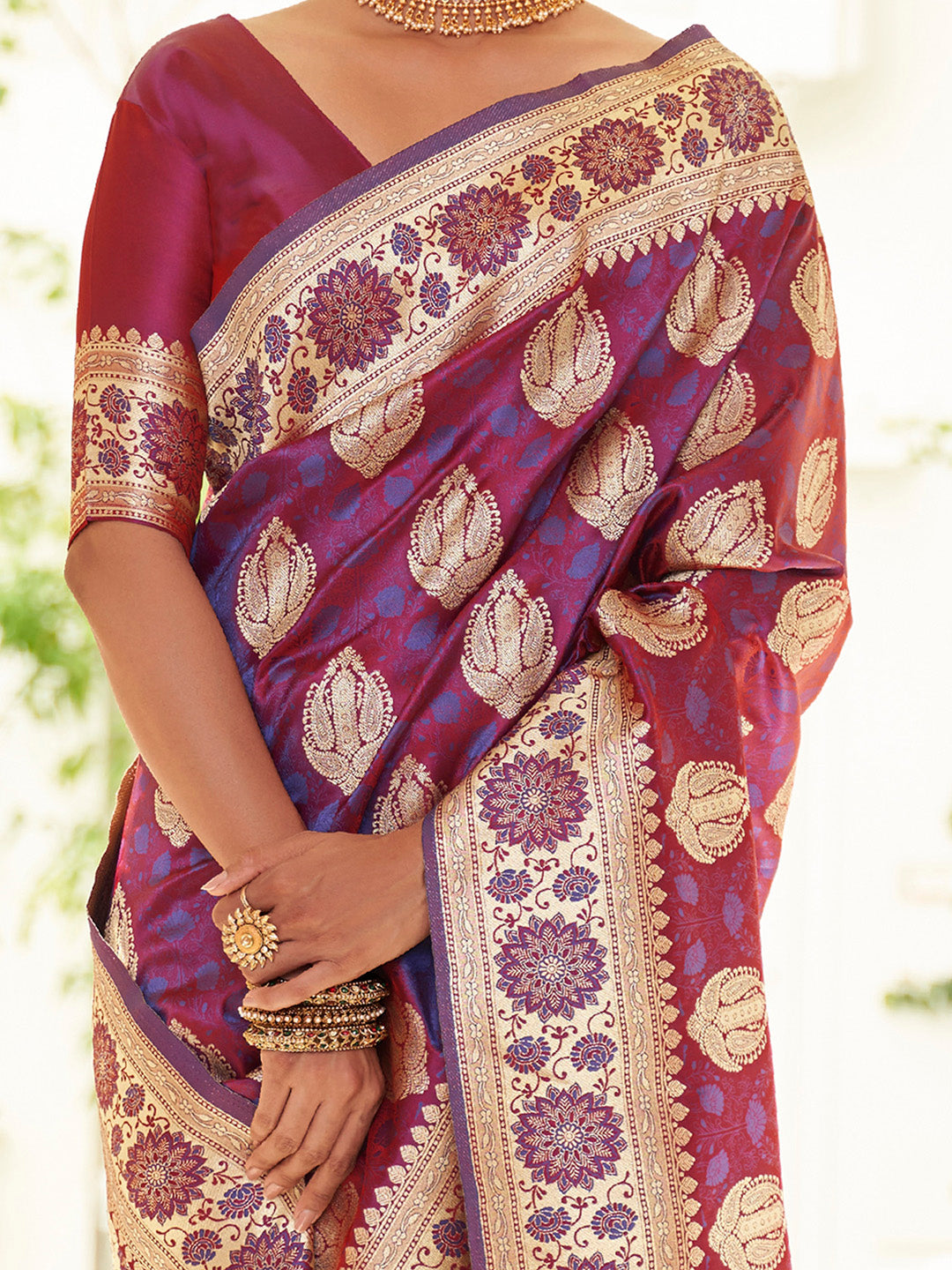 Women's Satin Silk Magenta Woven Design Designer Saree With Blouse Piece