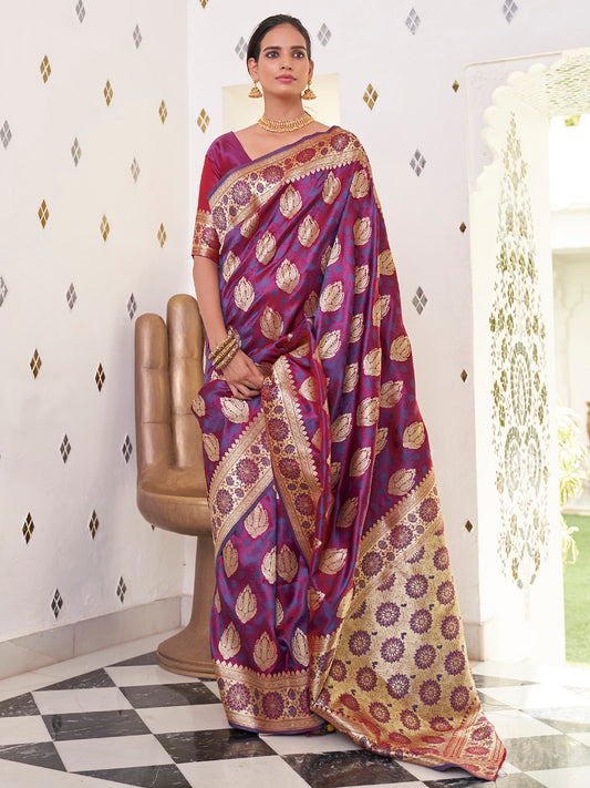 Women's Satin Silk Magenta Woven Design Designer Saree With Blouse Piece