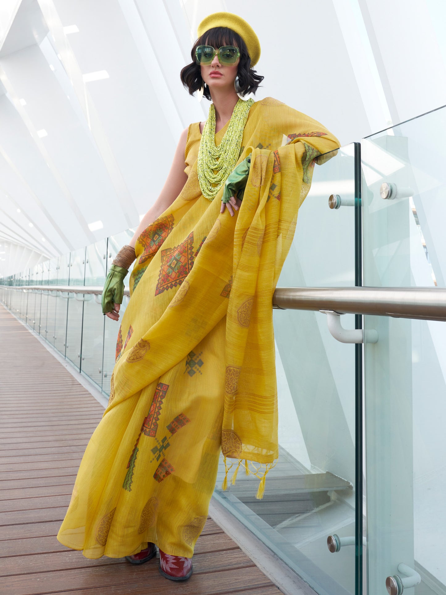 Women's Tissue Yellow Woven Design Designer Saree With Blouse Piece