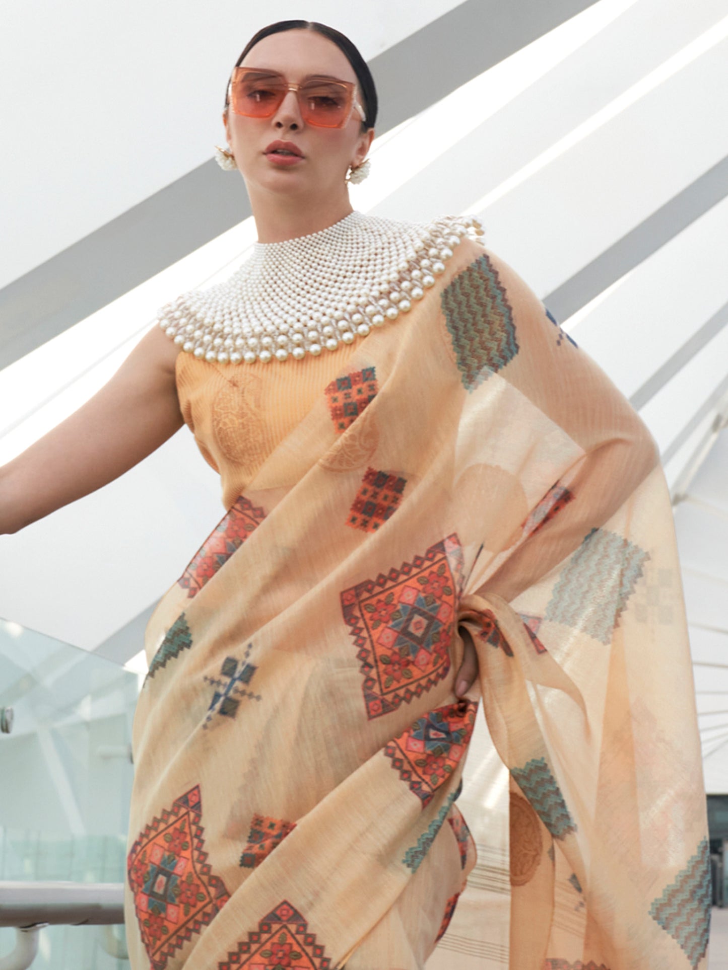 Women's Tissue Cream Woven Design Designer Saree With Blouse Piece