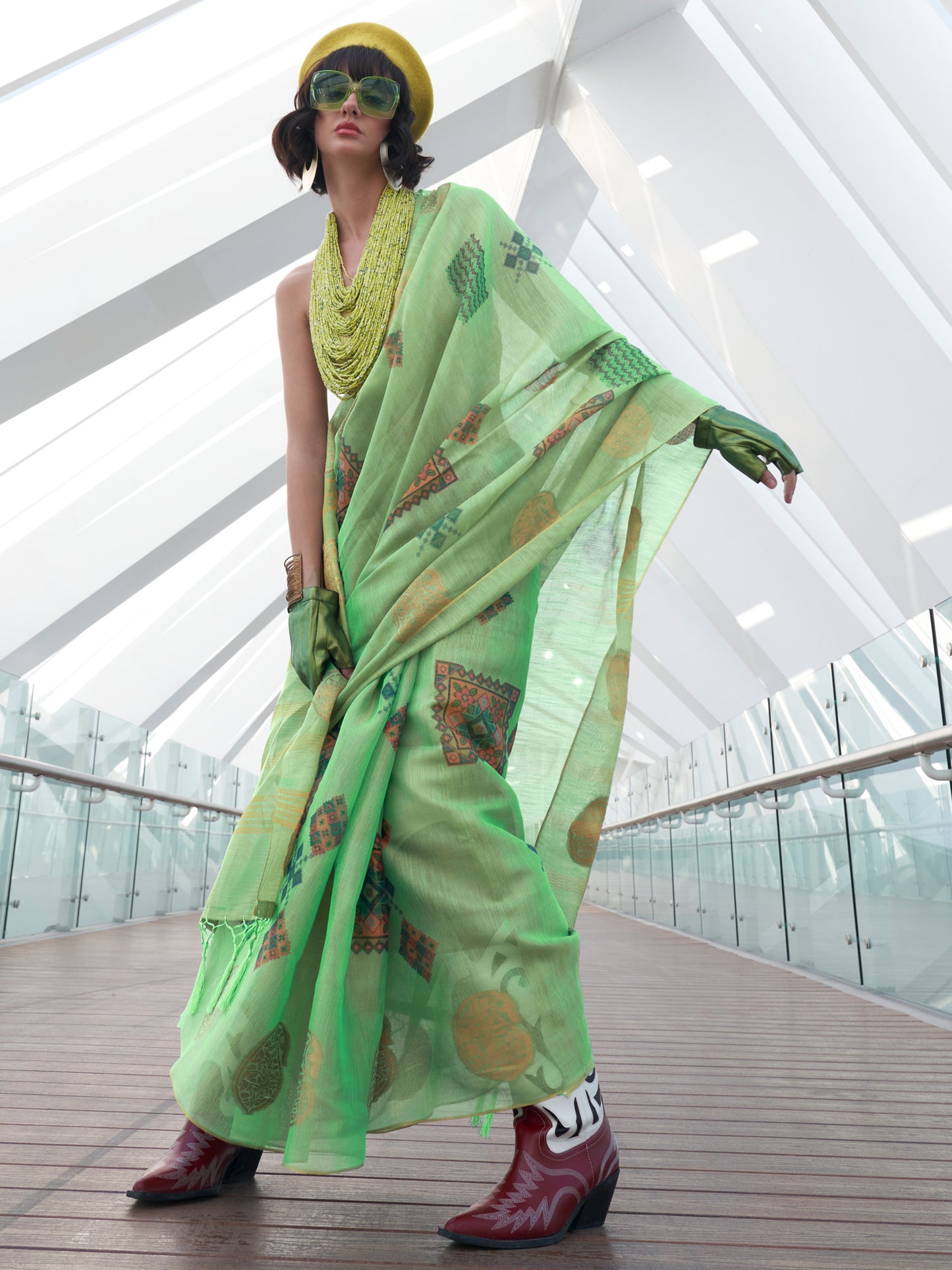 Women's Tissue Sea Green Woven Design Designer Saree With Blouse Piece
