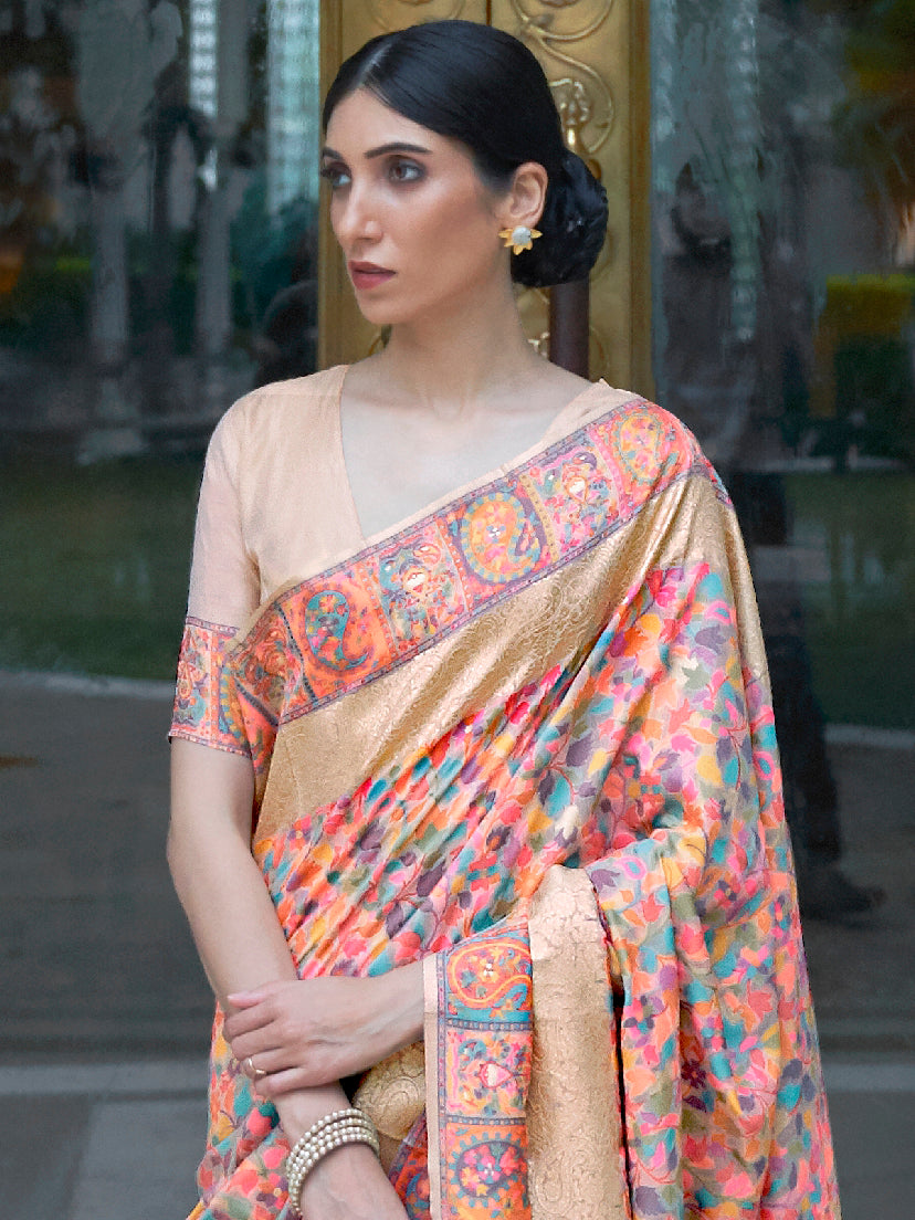 Women's Silk Blend Peach Woven Design Celebrity Saree With Blouse Piece