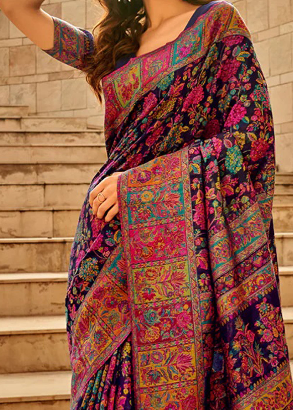 Women's Cotton Silk Navy Blue Woven Design Designer Saree With Blouse Piece