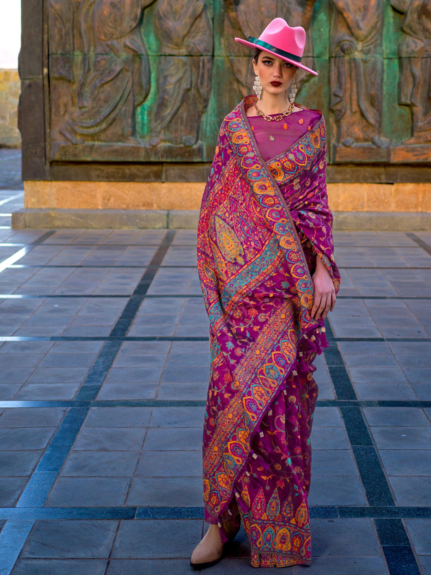 Women's Organza Magenta Woven Design Designer Saree With Blouse Piece