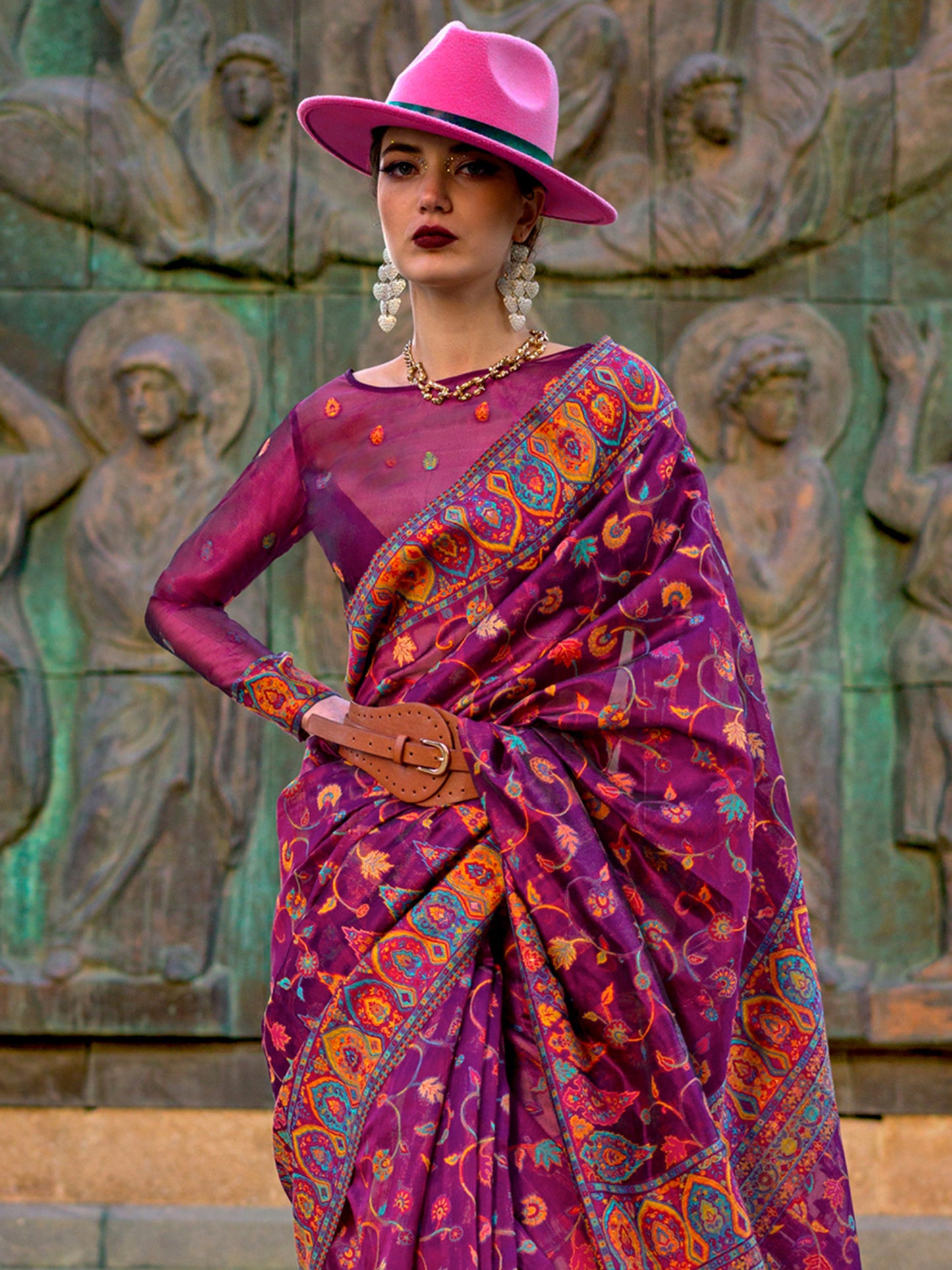 Women's Organza Magenta Woven Design Designer Saree With Blouse Piece