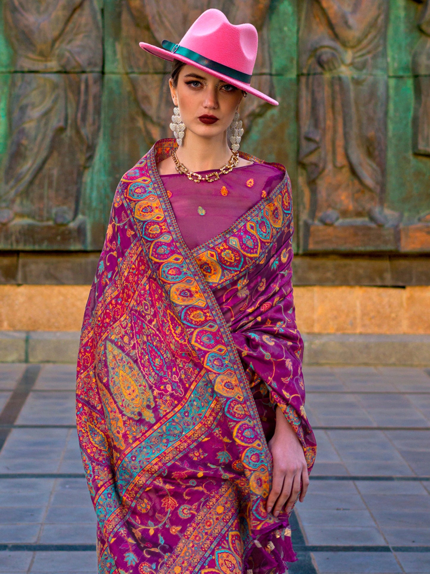 Women's Organza Magenta Woven Design Designer Saree With Blouse Piece