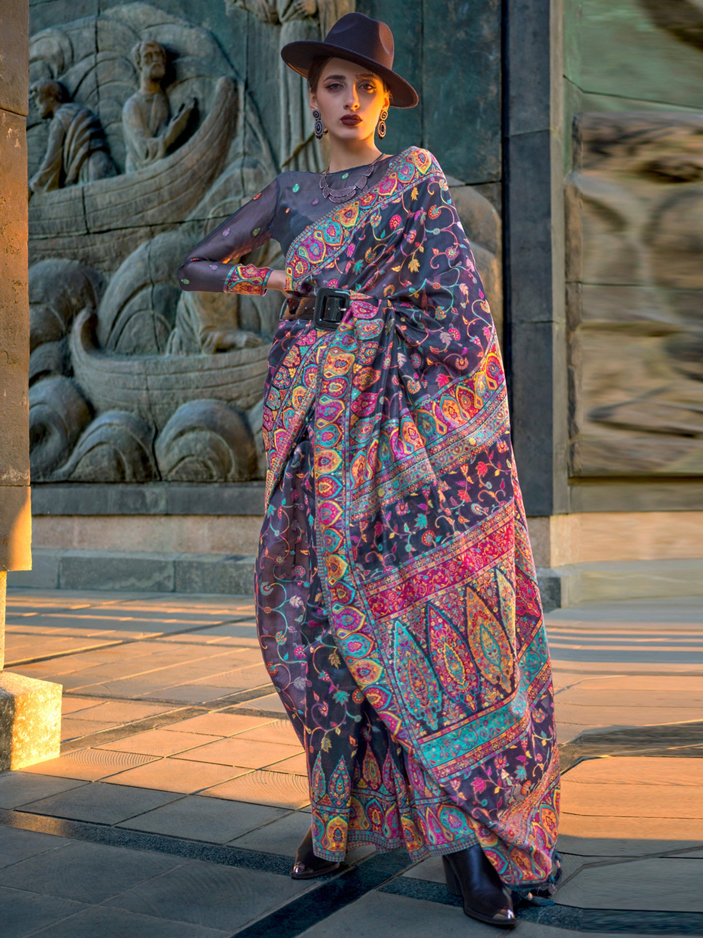 Women's Organza Grey Woven Design Designer Saree With Blouse Piece