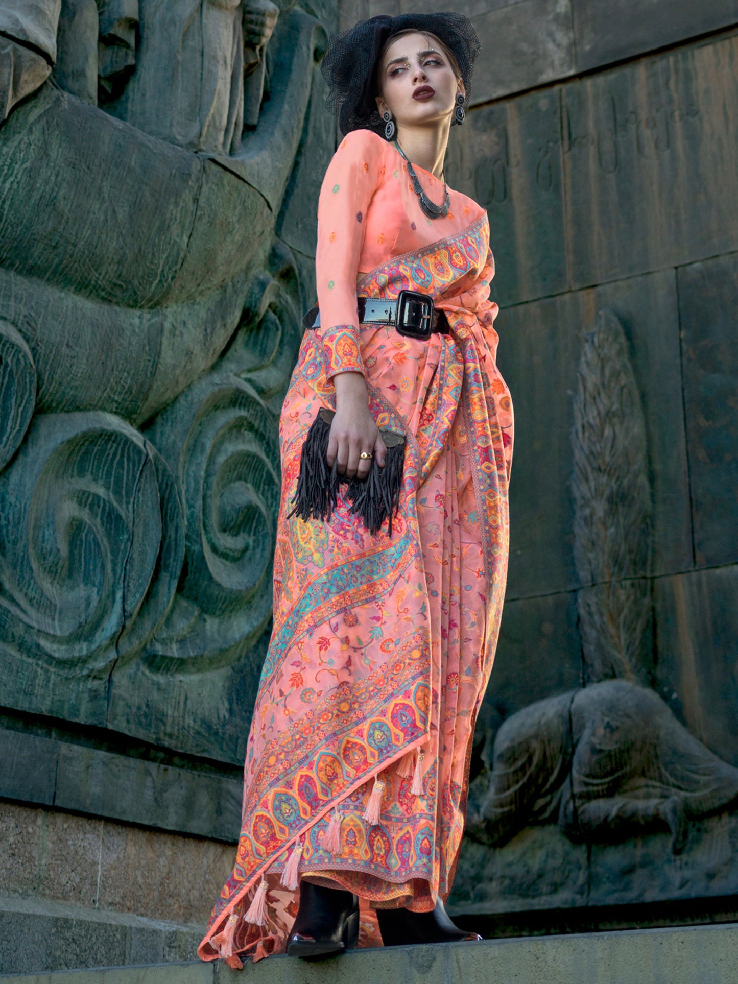 Women's Organza Peach Woven Design Designer Saree With Blouse Piece