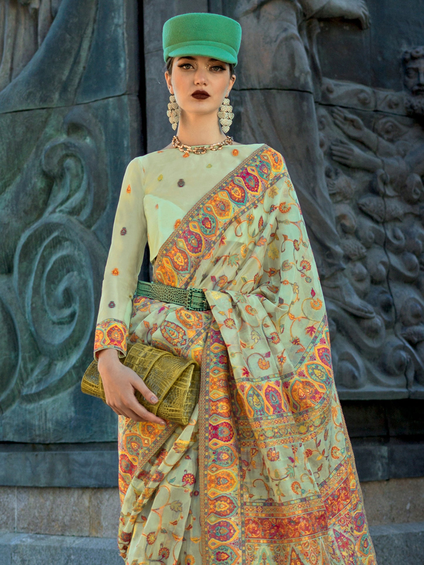 Women's Organza Light Green Woven Design Designer Saree With Blouse Piece