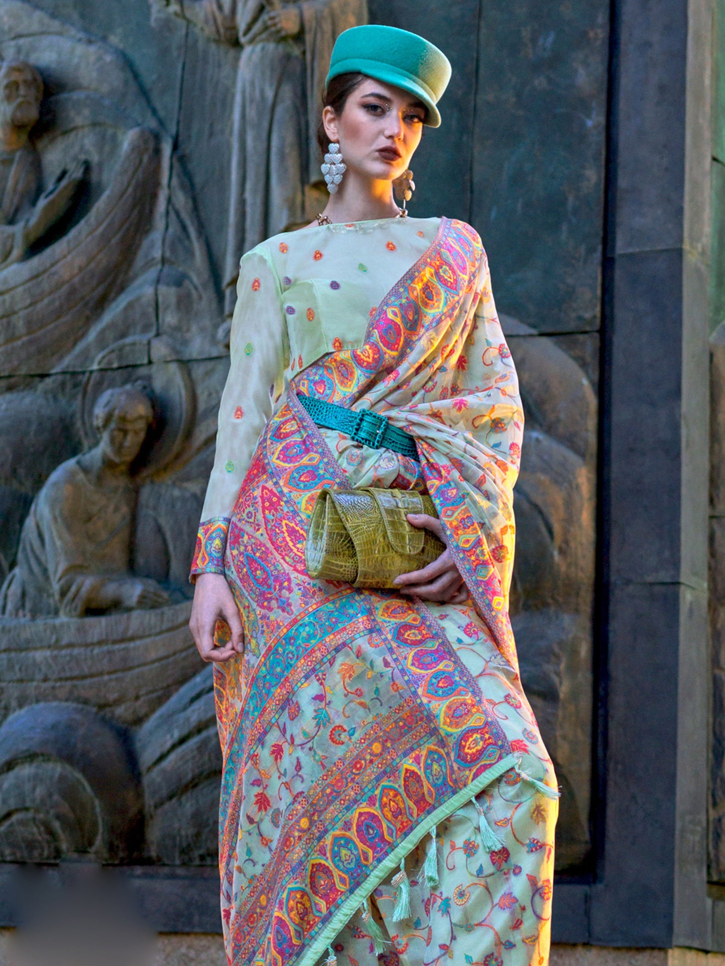 Women's Organza Sea Green Woven Design Designer Saree With Blouse Piece