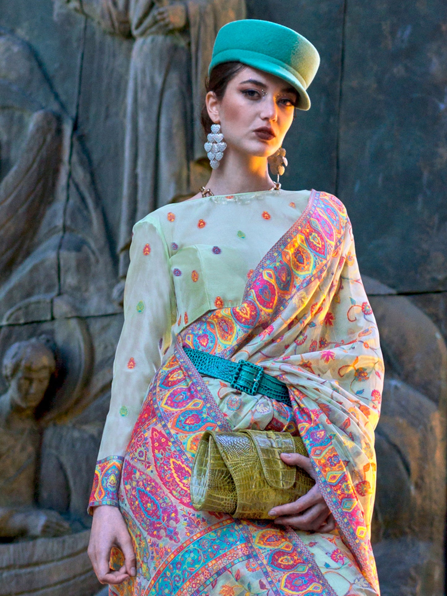 Women's Organza Sea Green Woven Design Designer Saree With Blouse Piece