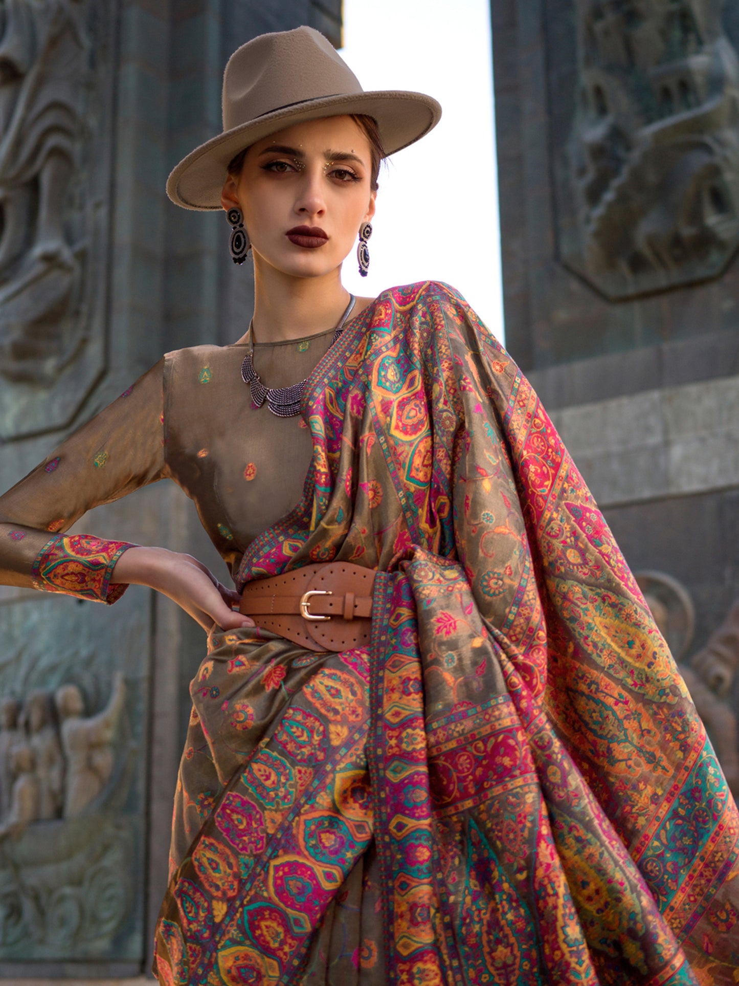 Women's Organza Brown Woven Design Designer Saree With Blouse Piece