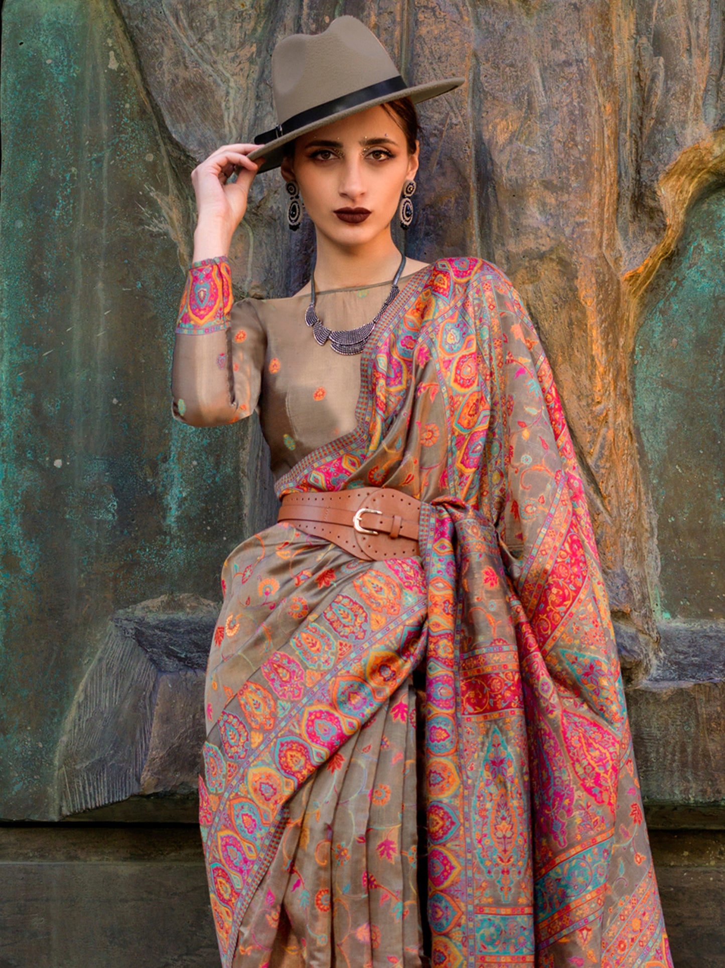 Women's Organza Brown Woven Design Designer Saree With Blouse Piece