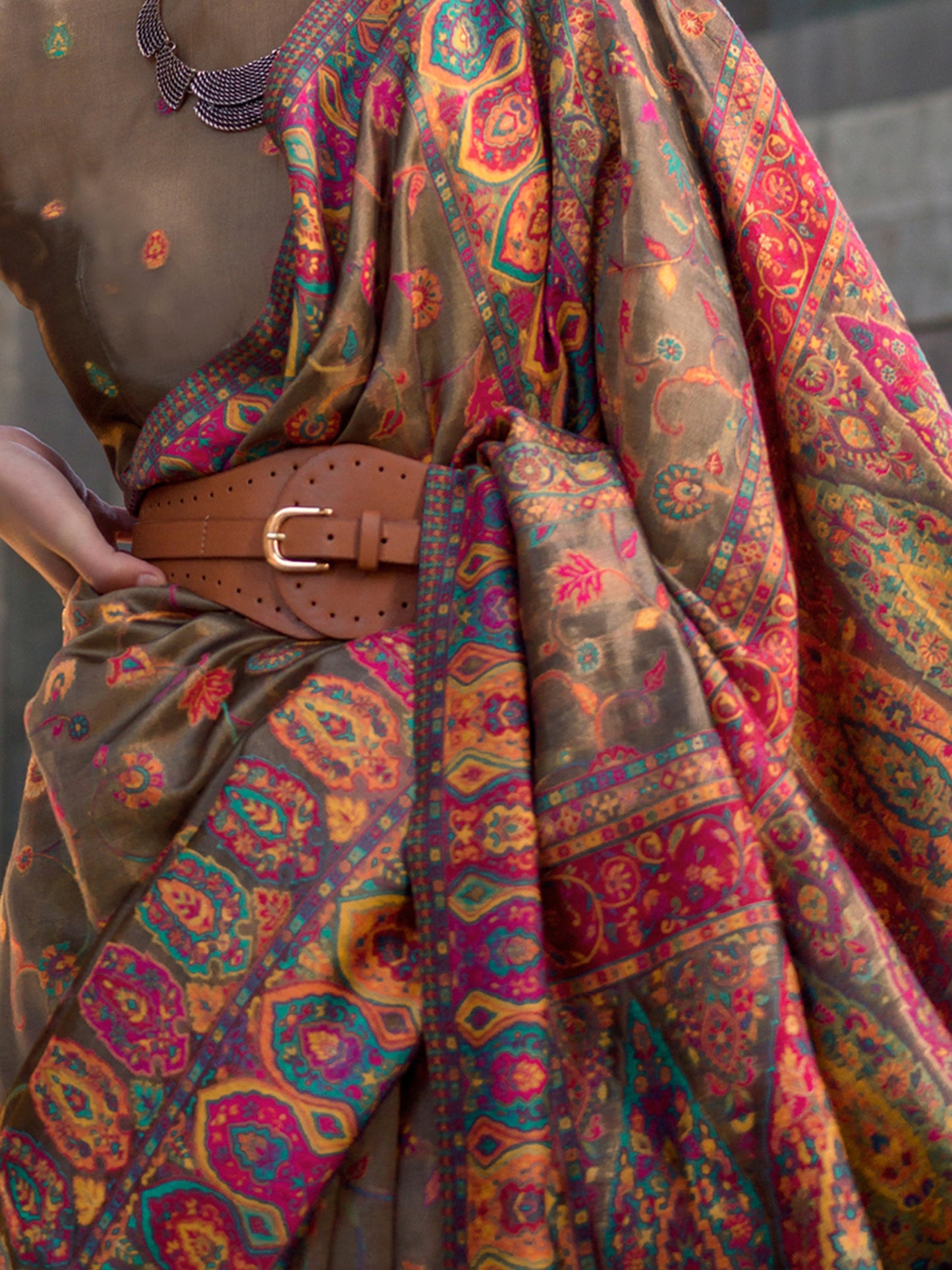 Women's Organza Brown Woven Design Designer Saree With Blouse Piece