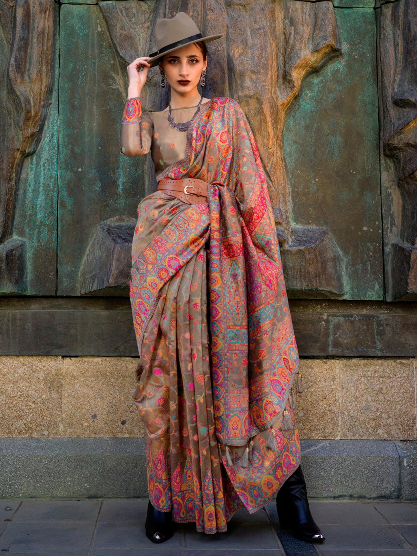 Women's Organza Brown Woven Design Designer Saree With Blouse Piece