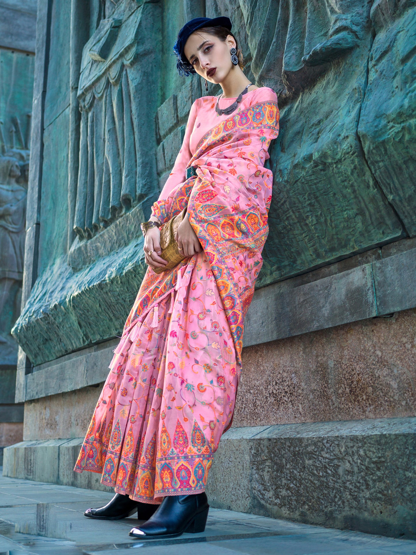Women's Organza Pink Woven Design Designer Saree With Blouse Piece