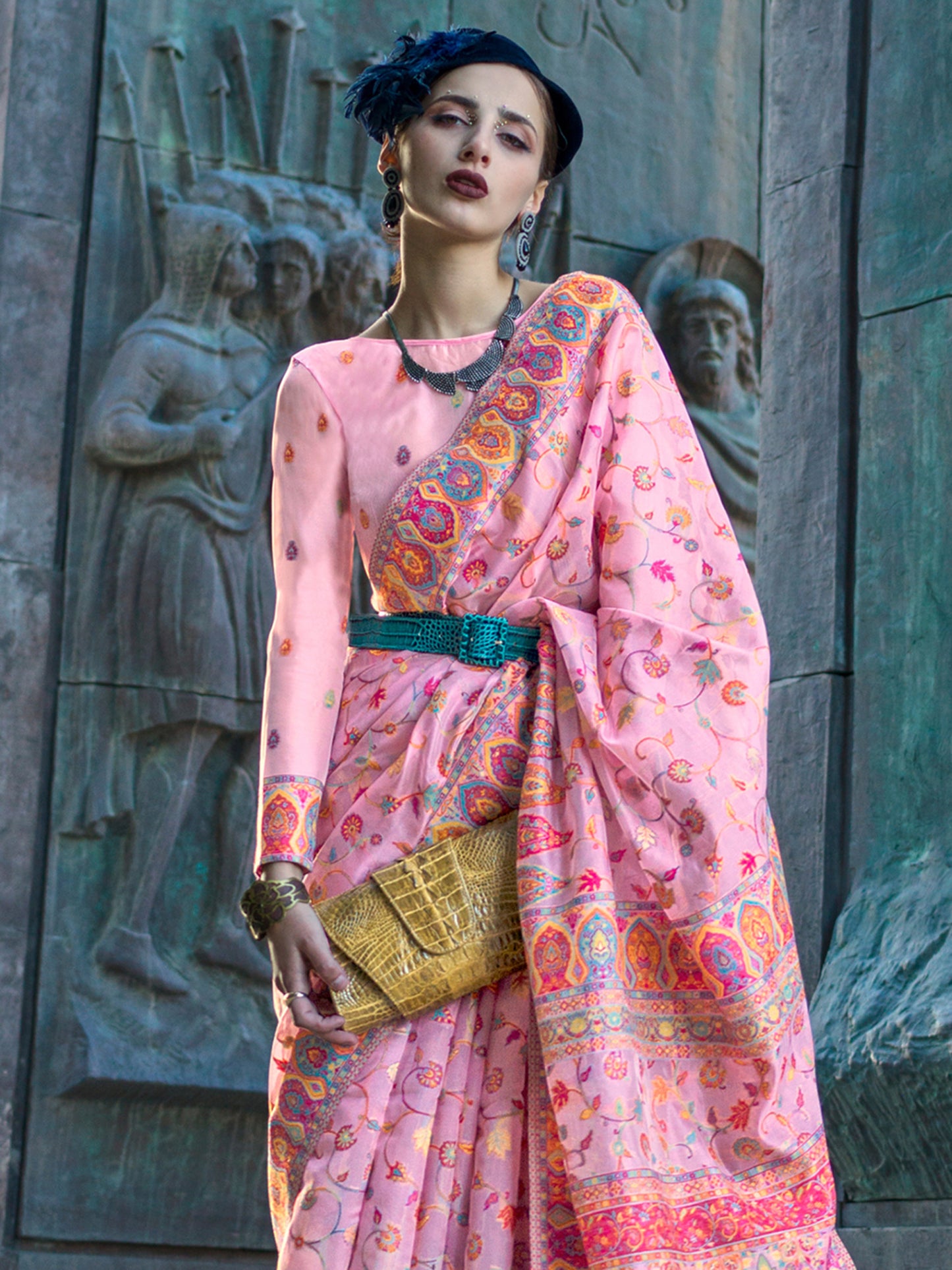 Women's Organza Pink Woven Design Designer Saree With Blouse Piece
