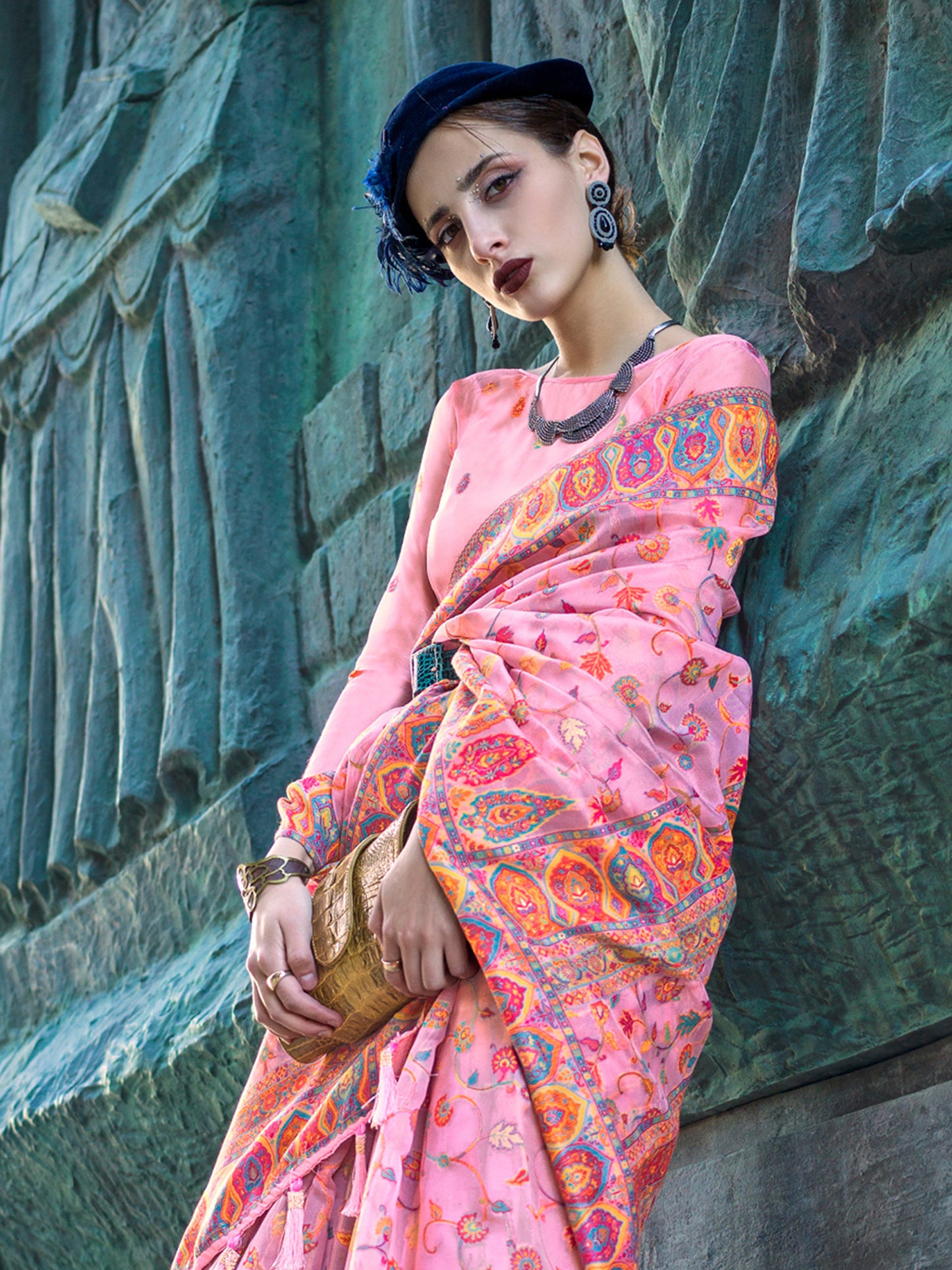 Women's Organza Pink Woven Design Designer Saree With Blouse Piece