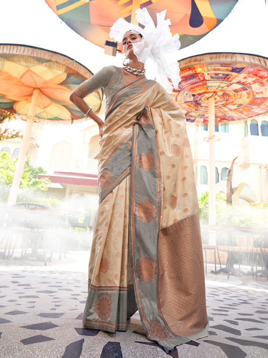 Women's Silk Blend Grey Woven Design Designer Saree With Blouse Piece