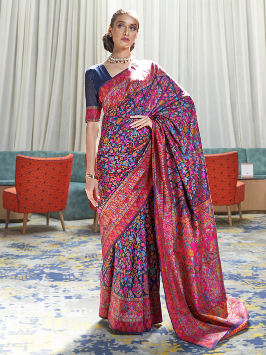 Women's Cotton Blend Navy Blue Woven Design Handloom Saree With Blouse Piece