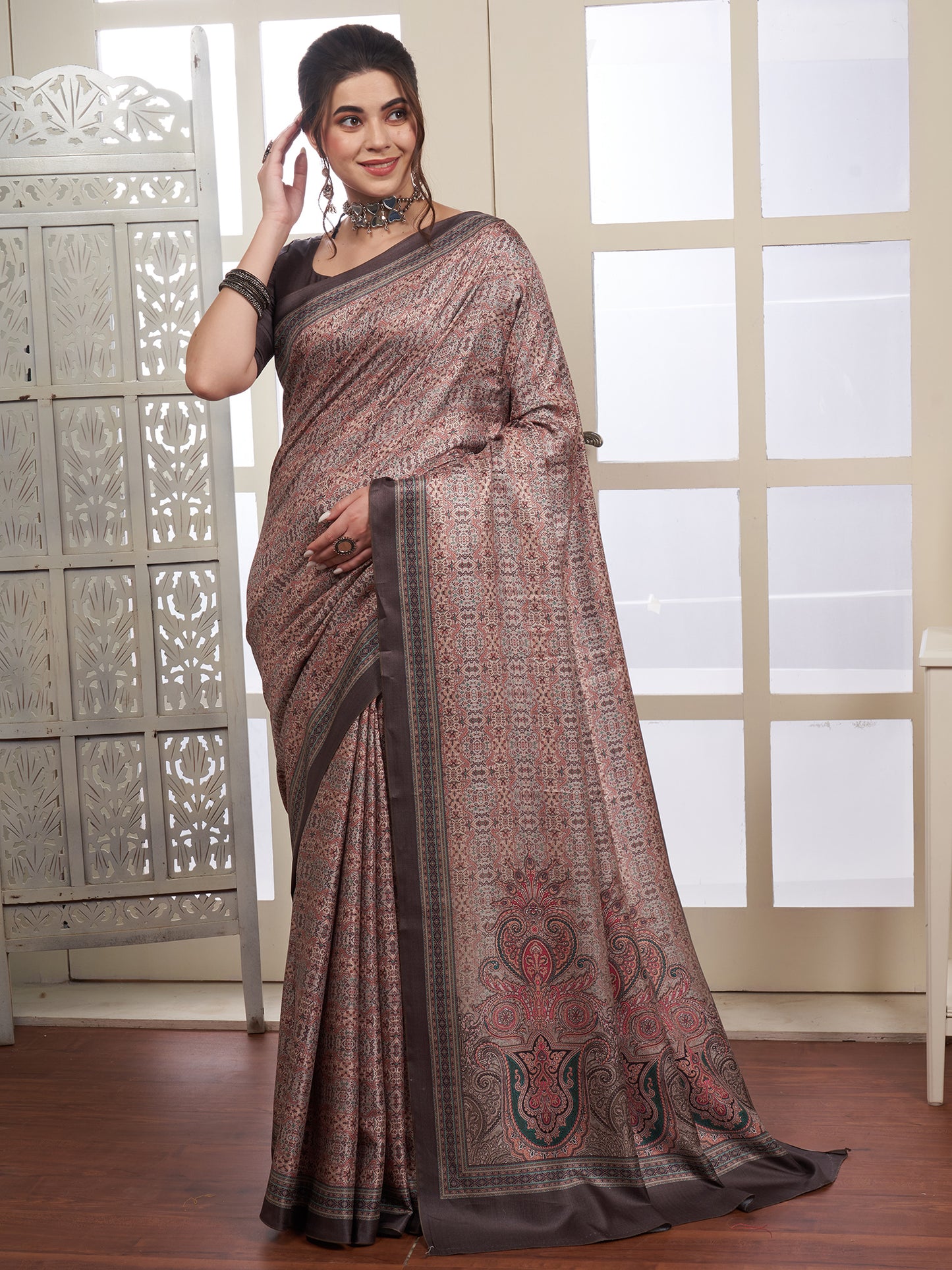 Women's Pashmina Silk Sea Green Digital Print Designer Saree With Blouse Piece
