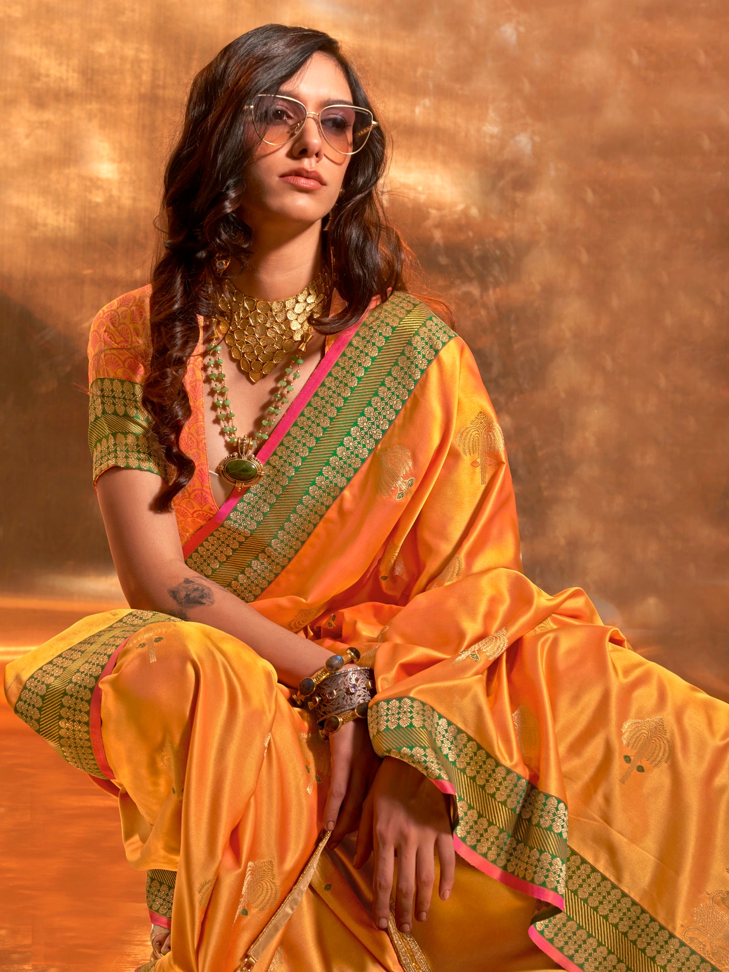 Women's Satin Silk Yellow Woven Design Designer Saree With Blouse Piece
