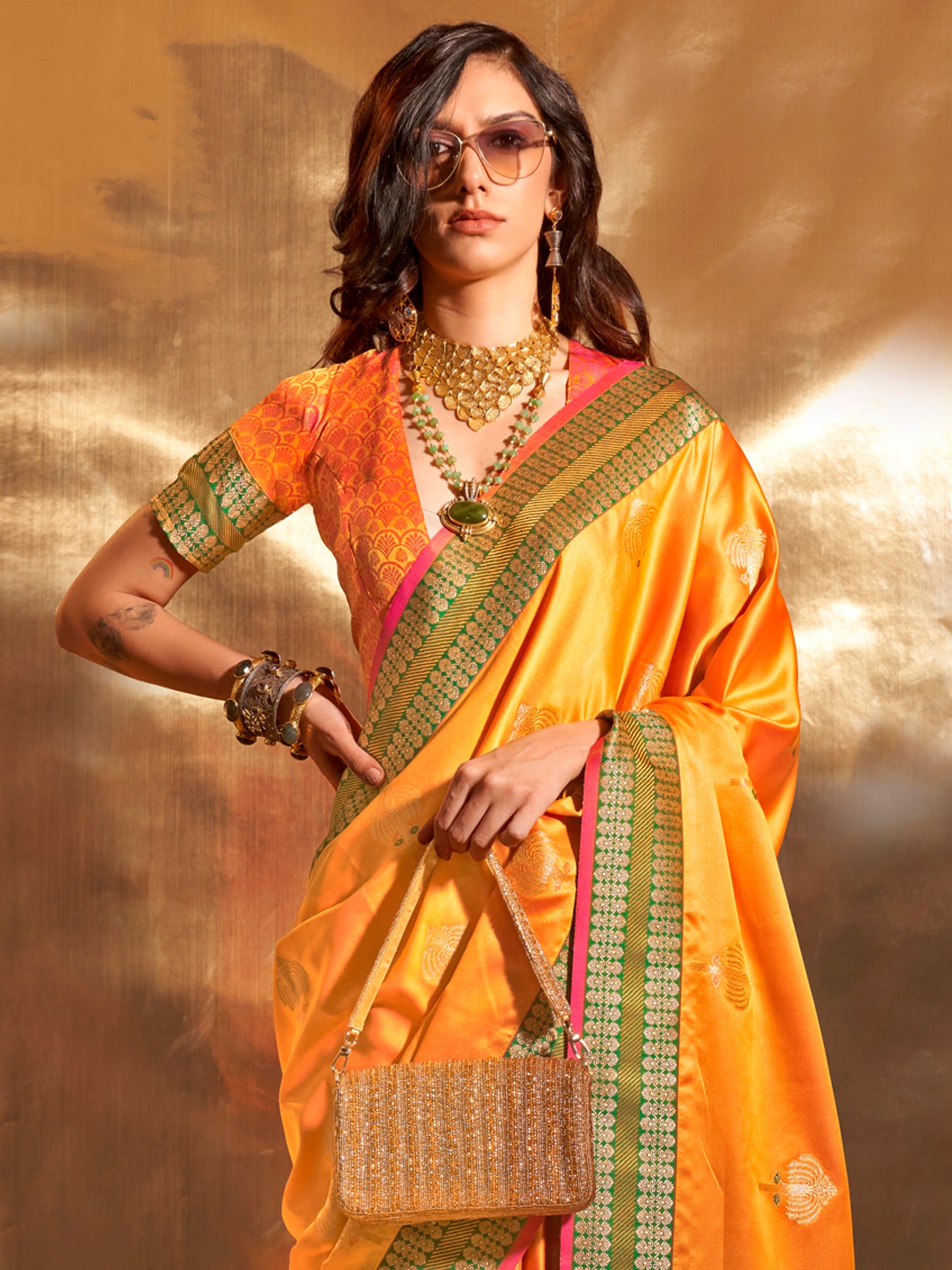 Women's Satin Silk Yellow Woven Design Designer Saree With Blouse Piece