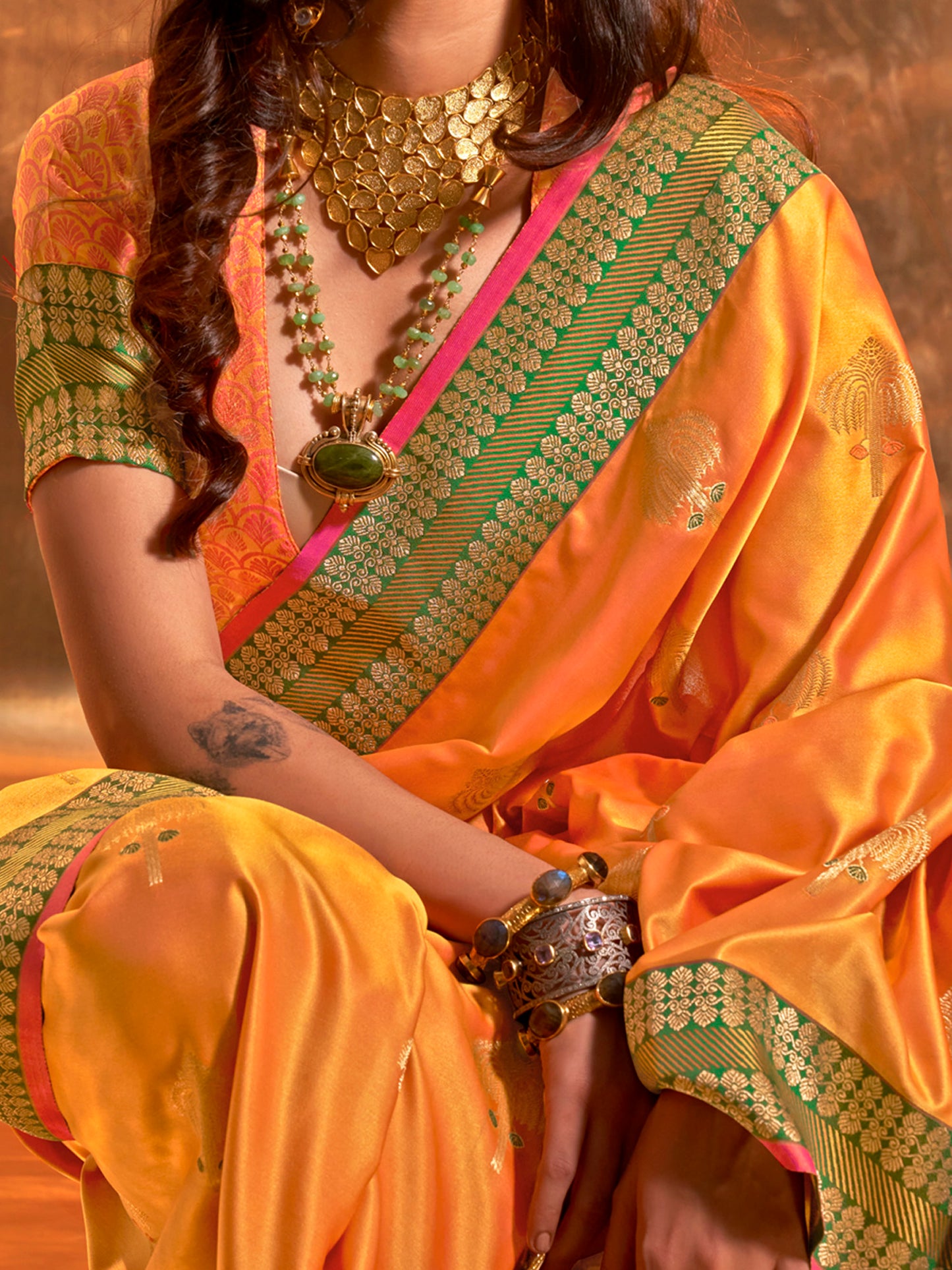 Women's Satin Silk Yellow Woven Design Designer Saree With Blouse Piece
