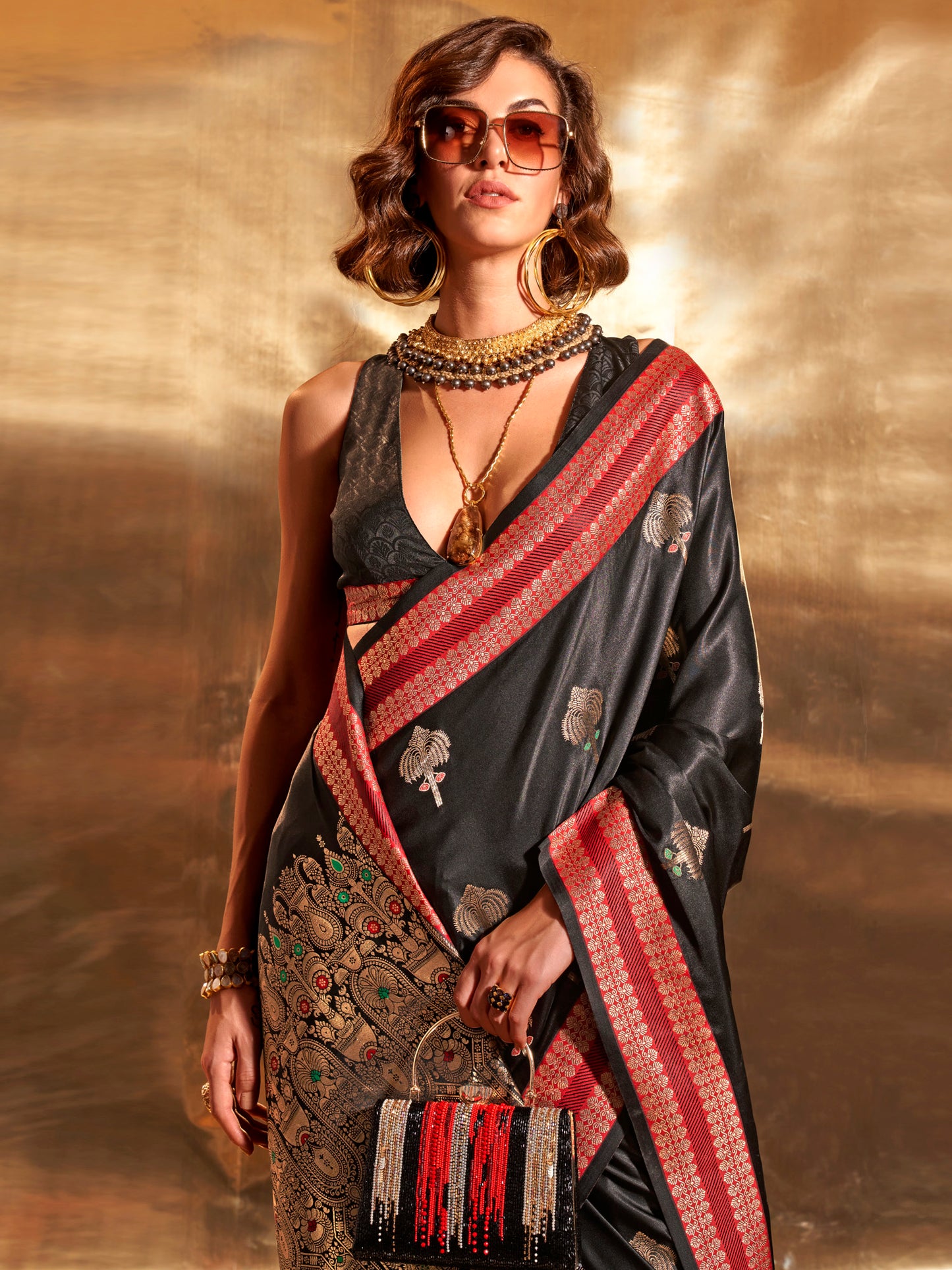 Women's Satin Silk Black Woven Design Designer Saree With Blouse Piece