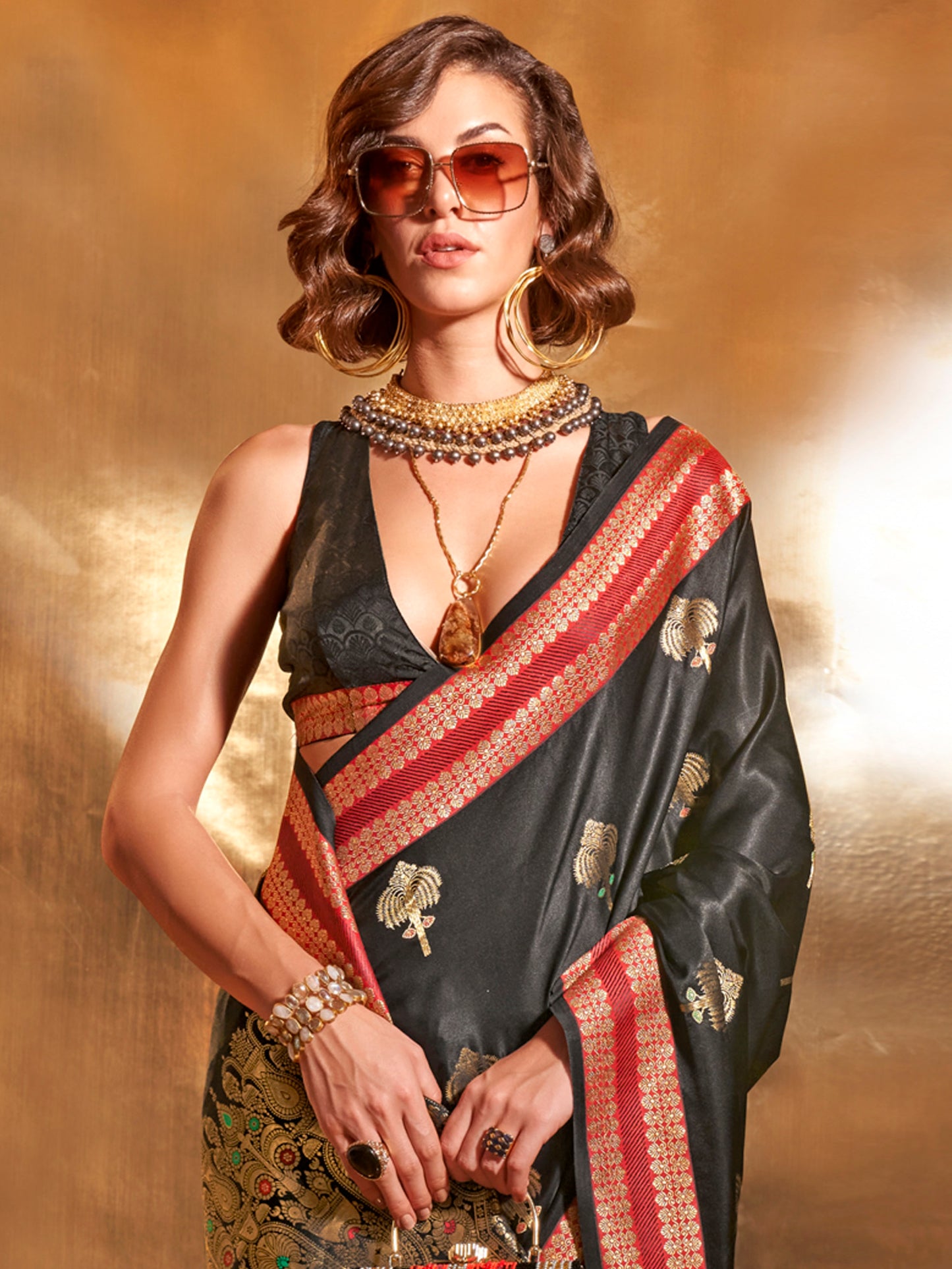 Women's Satin Silk Black Woven Design Designer Saree With Blouse Piece