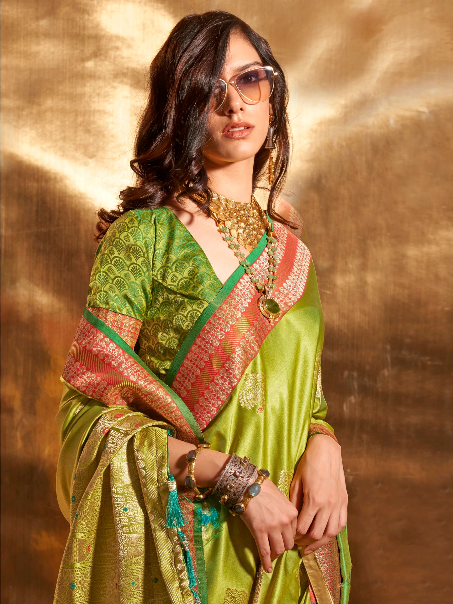 Women's Satin Silk Light Green Woven Design Designer Saree With Blouse Piece